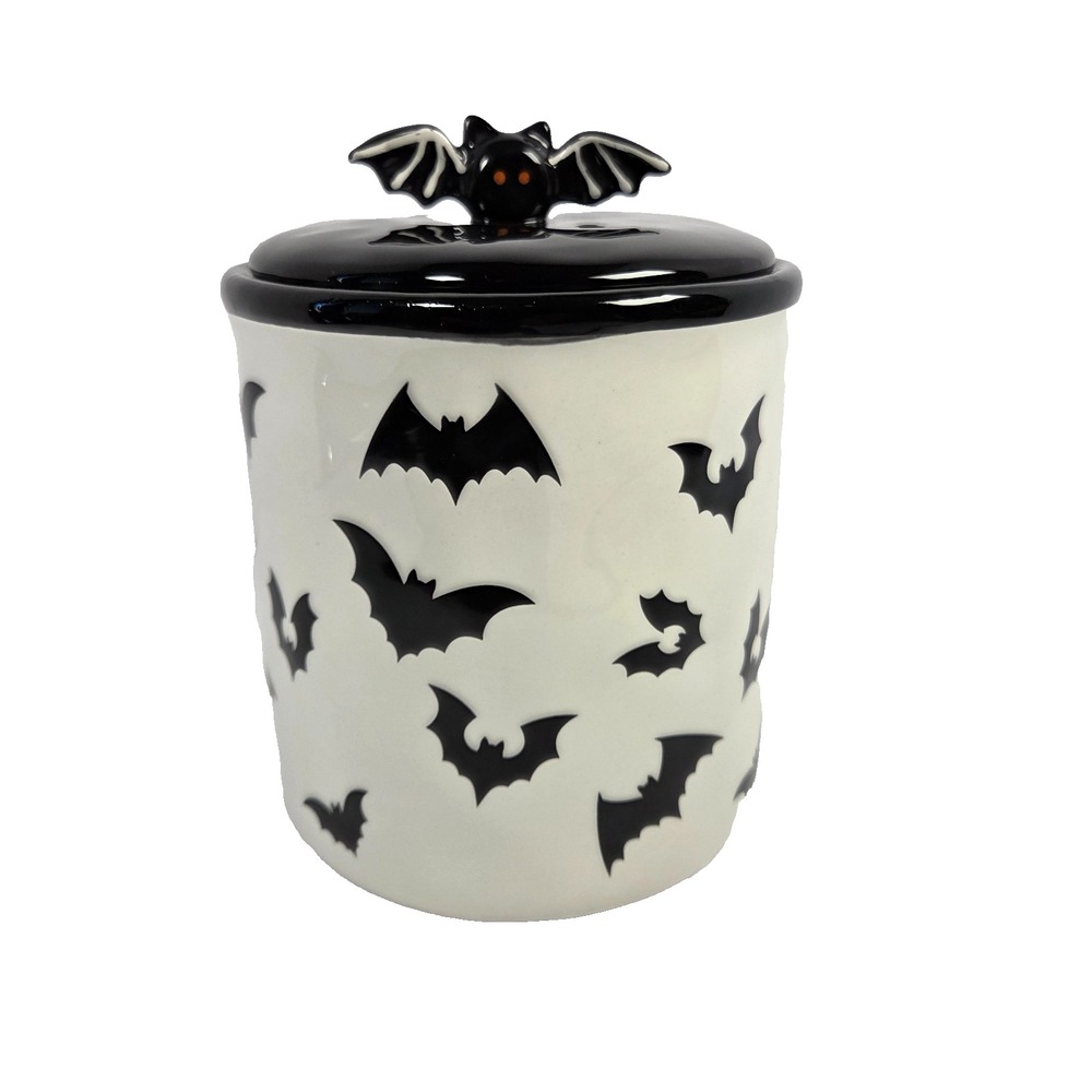 Dwell Essentials Bat Ceramic Canister Halloween Cookie Jar Black White 10 Inch